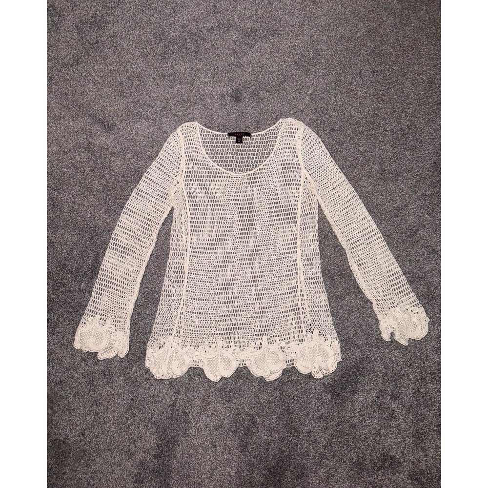 Fever Women's Cream Open-Weave Long Sleeve Crochet Top -‎ Size Medium